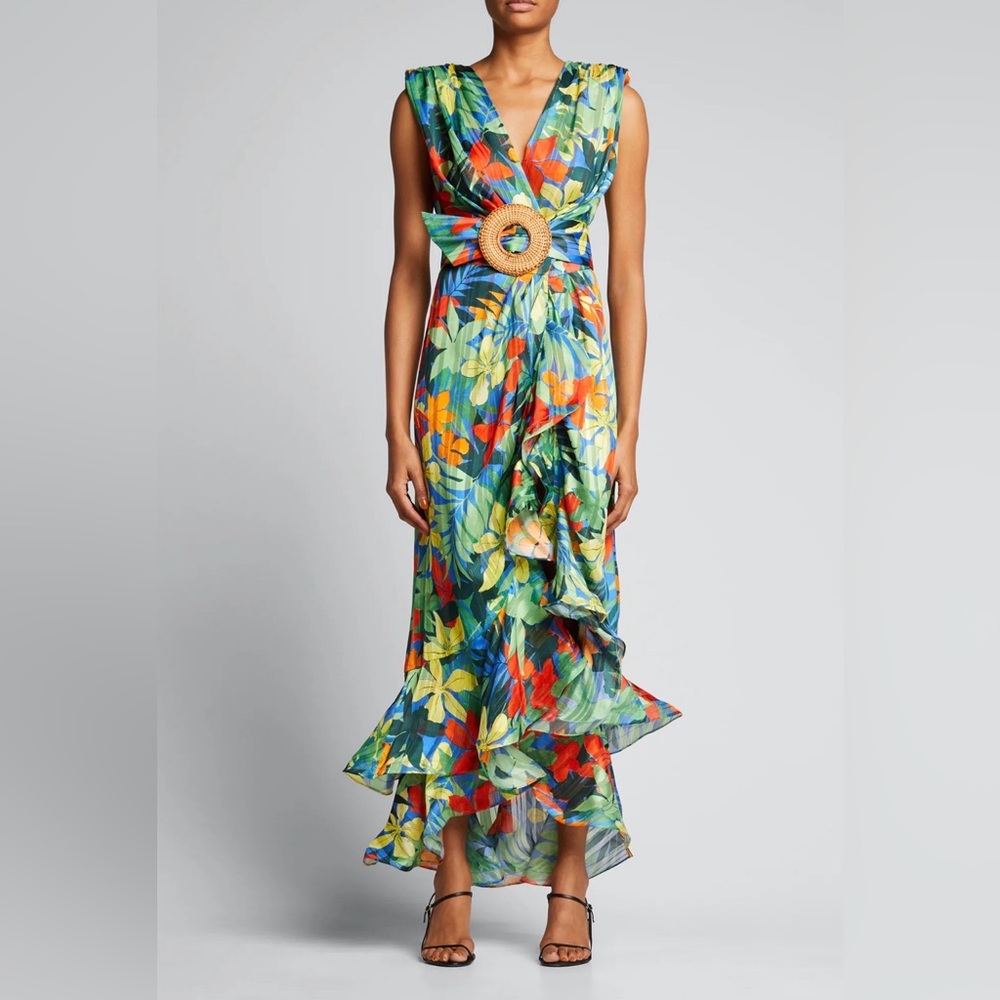Bronx‎ and Banco Tropical Red Silk Blend Multicolor Floral Resort Maxi Dress XS
